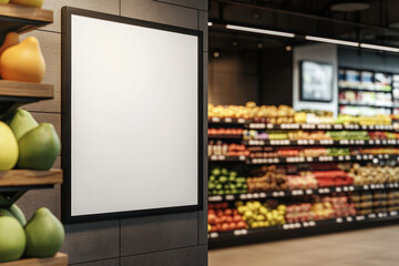  A blank white A3 poster hanging on the wall of a grocery food store, with fruit on the shelves in the background, photo-realistic, cinematic lighting, hyper-detailed, supermarket