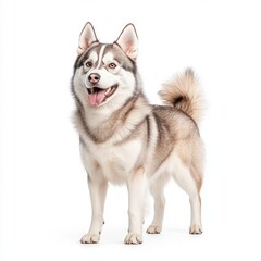 Fototapeta premium Friendly and playful Siberian Husky dog standing proudly, showcasing its beautiful fur and cheerful expression, perfect for pet lovers.