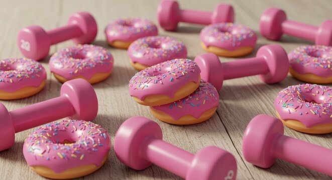Pink donuts and dumbbells on wooden surface: a juxtaposition of fitness and treats - Powered by Adobe
