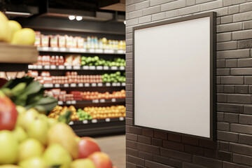  A blank white A3 poster hanging on the wall of a grocery food store, with fruit on the shelves in the background, photo-realistic, cinematic lighting, hyper-detailed, supermarket