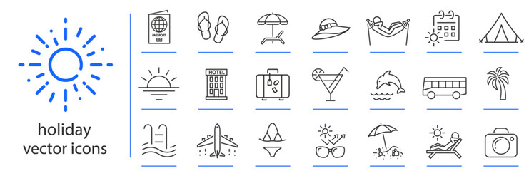 holiday icons, summer travel icon set, beach, hotel, ocean and more simple symbols, linear vector illustration, outline editable stroke