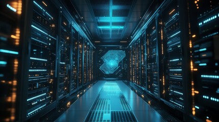 Futuristic AI Server Room with Neural Network Graphics