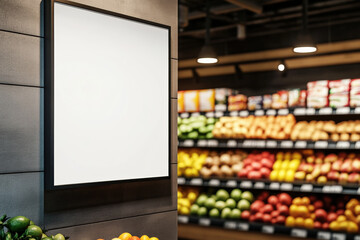  A blank white A3 poster hanging on the wall of a grocery food store, with fruit on the shelves in the background, photo-realistic, cinematic lighting, hyper-detailed, supermarket