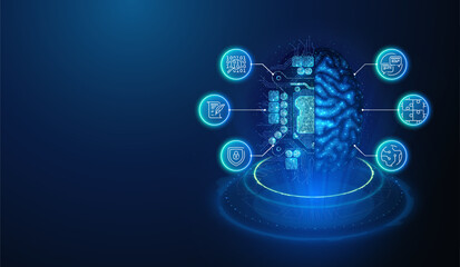 Abstract illustration of human brain and ai cpu circuit board made of glowing neon particles with lineart icons. Blue geometric background depicting artificial intelligence concept