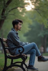 Obraz premium person sitting alone on a park bench, looking contemplative with a distant gaze