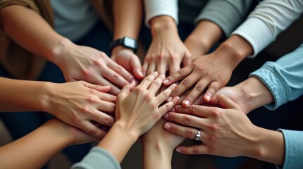 A close-up of diverse hands holding books together