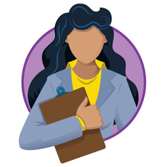 Illustration of a brunette executive woman holding a clipboard. Ideal for catalogs, newsletters and institutional material