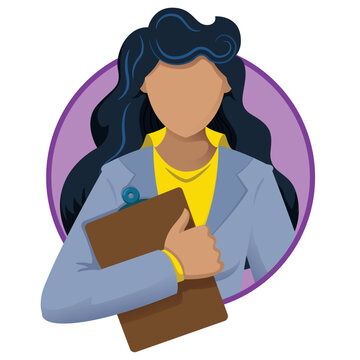 Illustration of a brunette executive woman holding a clipboard. Ideal for catalogs, newsletters and institutional material
