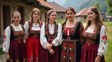 Naklejka premium Women in traditional Bulgarian costumes with intricate embroidery, captured outdoors in a rural village, emphasizing vibrant cultural heritage.