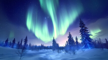 Naklejka premium Silent night sky above the snow-covered trees of a frozen landscape, shimmering curtains of emerald and indigo auroral. Auroral. Illustration
