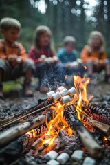 Group of children roasting marshmallows over a campfire in the woods during evening gathering