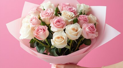 Bouquet of pink and white roses on a pink background.