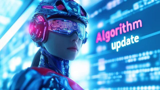 Futuristic cyborg woman looks an Algorithm update sign on a digital screen, concepts of AI advancements and search engine algorithm updates in SEO.