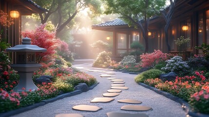 Obraz premium Serene Japanese Garden Pathway at Sunrise
