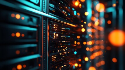 Illuminated Server Racks in a Tech Infrastructure Room
