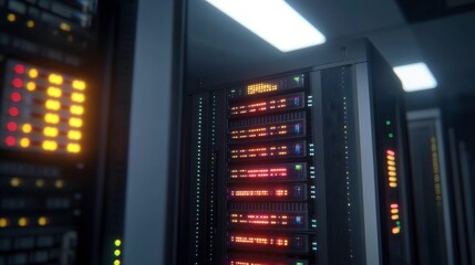 Industrial Server Racks with LED Animations in Soft Focus