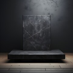 Natural black stone podium on black background, concept for presentation of product packaging