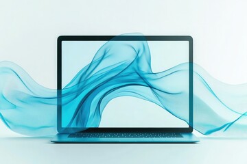 A laptop with flowing blue abstract graphics, symbolizing technology and creativity.