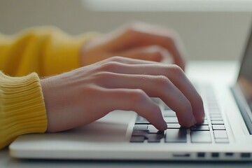 A close-up of hands typing on a laptop keyboard, suggesting work or communication.