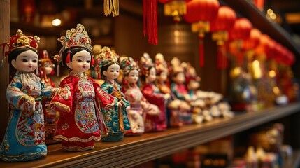 Obraz premium Chinese porcelain dolls in traditional costumes on a shelf.