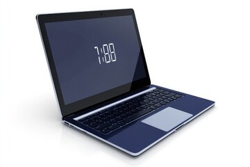 A sleek laptop displaying a digital clock on its screen, emphasizing technology and modernity.