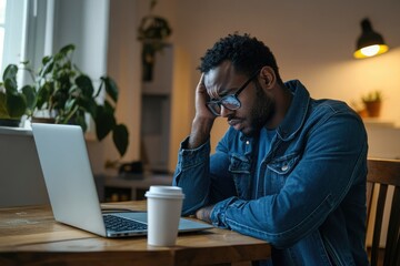 A man looks stressed while working on his laptop at a table with a coffee cup.