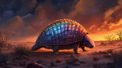 Fototapeta premium Auroral armadillo an armadillo in a desert its shell reflecting. Auroral. Illustration