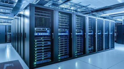 Modern Server Room with Advanced Technology and Lighting