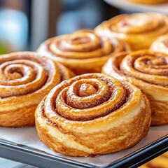 Fototapeta premium Artisan cinnamon swirl brioche displayed in a bakery for early morning customers