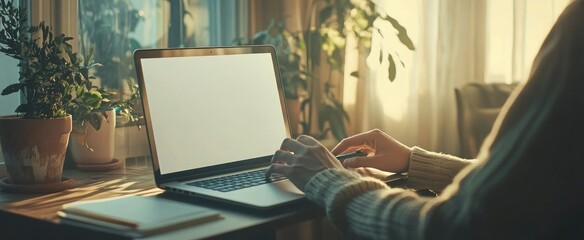 A person typing on a laptop in a cozy, sunlit indoor space with plants.