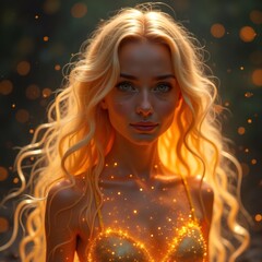 Obraz premium Una figura femenina con cabello largo y ondulado de color rubio dorado, iluminada por una luz cálida y brillante que parece emanar de su cuerpo, creando un efecto mágico y resplandeciente 