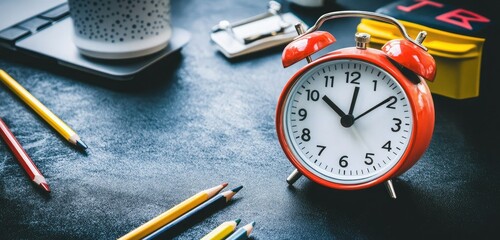 A vibrant orange alarm clock on a desk surrounded by stationery and a cup.