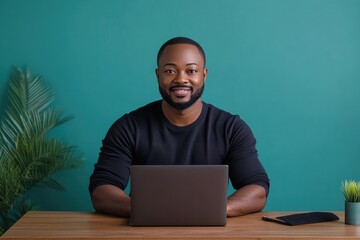 A smiling man working on a laptop at a wooden desk against a teal background.