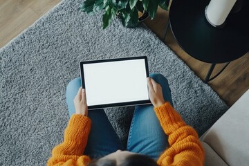 A person sitting on a rug, using a tablet with a blank screen.