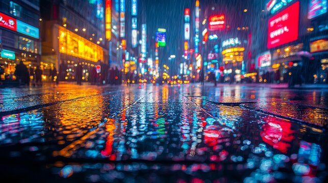 The scene captures a city after rainfall, showcasing abstract reflections of city lights on wet streets and drenched structures, rendered in a clean and cool color palette to reflect the serene
