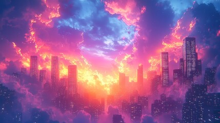 Obraz premium A brightly colored, modern cityscape with nostalgic elements at sunset, illustrated in a unique style