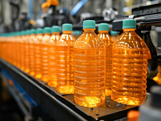 Bottles filled with orange liquid on production line