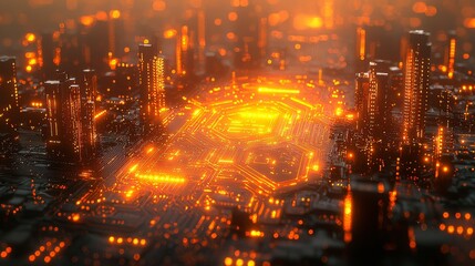 Fototapeta premium Neon Nightscape: An intricately detailed 3D depiction of a vibrant city at night with glowing lines and colorful highlights