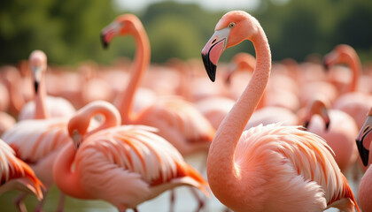 Obraz premium Flamingos gather around a serene lagoon during a sunny afternoon at a wildlife sanctuary