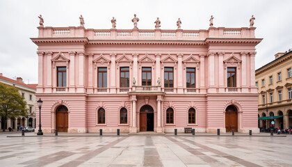 Fototapeta premium Historic pink building located in a square in the city center showcasing architectural elegance and cultural heritage