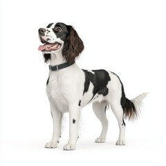 A cheerful black and white English Springer Spaniel dog standing proudly, showcasing its playful personality and charm in a bright, minimalist setting.