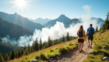 Obraz premium Hikers enjoy a peaceful trail in the mountains with clear skies and beautiful scenery