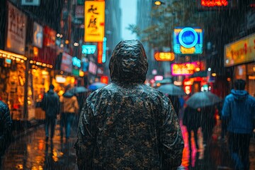 Obraz premium Person walking in a city street at night, clad in a camouflage jacket, ideal for urban lifestyle content