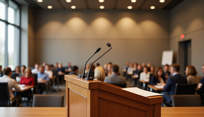 Engaging discussion at a corporate conference with participants focused on presentations and networking opportunities