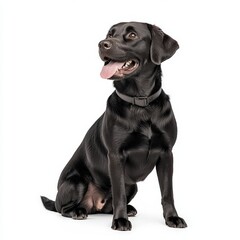 Fototapeta premium A cheerful black Labrador retriever sitting gracefully, showcasing its friendly expression and shiny coat.