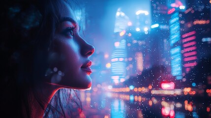 City lights and buildings reflect in the night, capturing the essence of urban life