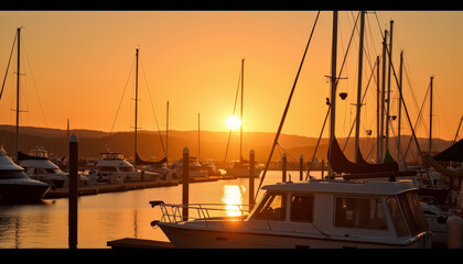 Sunset at a marina with sailboats and yachts against a beautiful orange sky