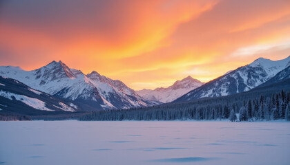 Sunset casts vibrant colors over snowy mountain landscape in winter