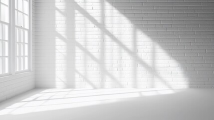 Fototapeta premium Sunlight streams through window onto white brick wall and floor.