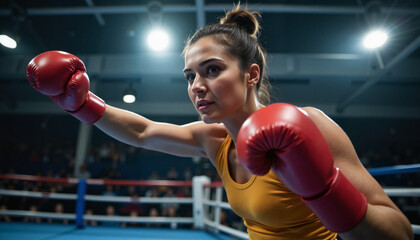 Focused female boxer preparing to punch in a boxing ring